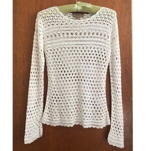 i.e., Soft White, Silky feel, Feminine, Open Weave/Crochet, sweater, sz: S